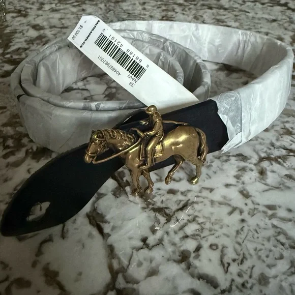 Polo Ralph Lauren Navy Suede Equestrian Belt Gold Horse Buckle Italy Sz 38 - Picture 15 of 17